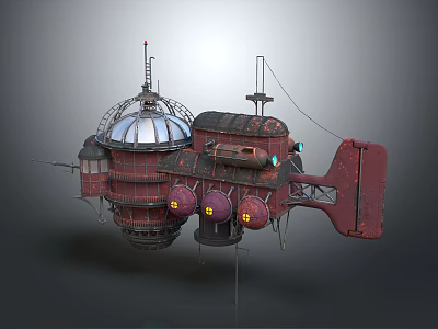 Steampunk Airship With Spherical Metallic Structure Red Accents Antennas And Round Windows 3d model