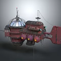 Steampunk Airship With Spherical Metallic Structure Red Accents Antennas And Round Windows