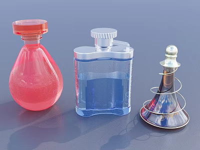 Stylish Perfume Cosmetic Bottles With Red Blue Transparent And Spiral Design 3d model