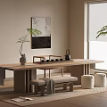 Minimalist Wooden Tea Table Set with Bench Stools and Tea Accessories by Window Green Plants