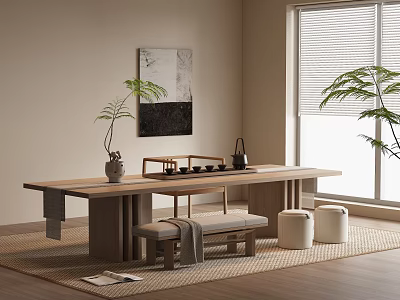 Minimalist Wooden Tea Table Set with Bench Stools and Tea Accessories by Window Green Plants 3d model