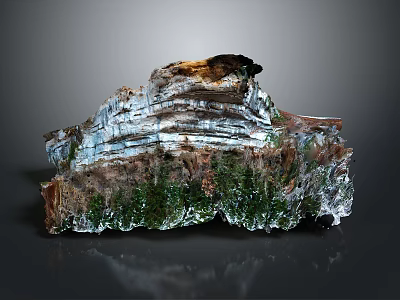 Natural Rock Formation With Layered Texture Brown White Layers And Green Vegetation 3d model