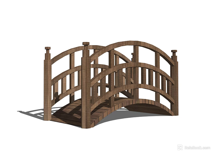 Traditional Wooden Garden Landscape Bridge With Arched Design And Railings 3d model 