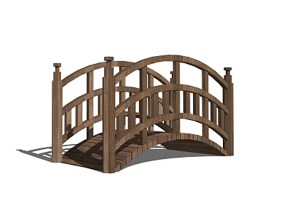 Traditional Wooden Garden Landscape Bridge With Arched Design And Railings 3d model