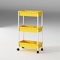 Yellow Three Tier Mobile Storage Shelf with White Frame and Plastic Bins