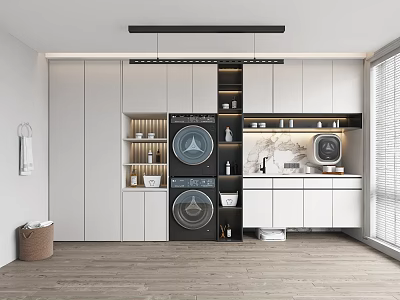 Modern Home Balcony With Black Washing Machine Dryer White Cabinets Open Shelves And Wooden Flooring 3d model