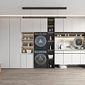 Modern Home Balcony With Black Washing Machine Dryer White Cabinets Open Shelves And Wooden Flooring