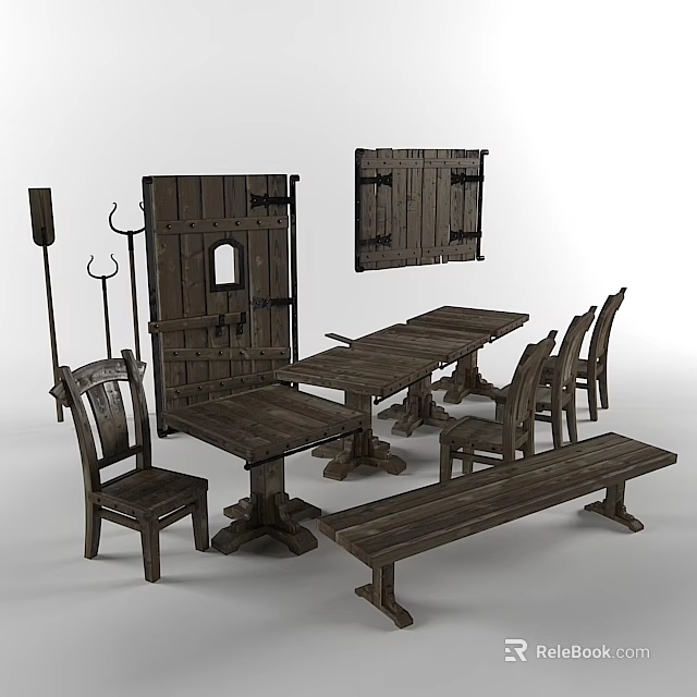 Rustic Wooden Dining Set With Long Table Chairs And Bench For Home 3d model