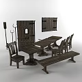 Rustic Wooden Dining Set With Long Table Chairs And Bench For Home 3d model