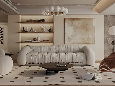 Modern Living Room Design Featuring White Sofa Geometric Rug Coffee Table Artwork And Chandelier 3d model