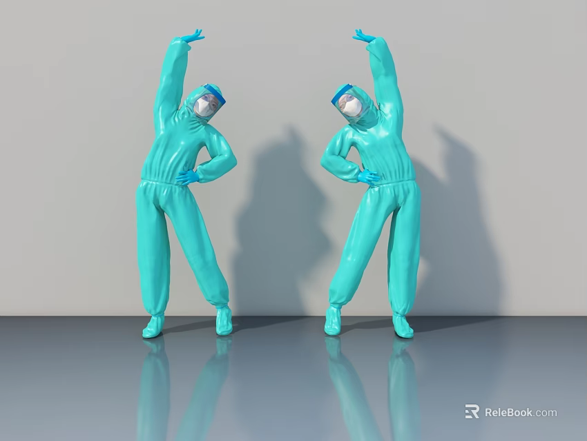 Two Green Protective Suit Sculptures Stretching Arms With Face Masks And Goggles 3d model 