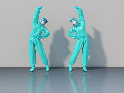 Two Green Protective Suit Sculptures Stretching Arms With Face Masks And Goggles 3d model