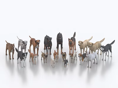 Various Dog Breed Toy Models In Different Colors And Sizes Displayed Together 3d model