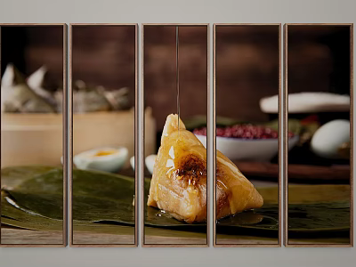 Delicious Traditional Chinese Zongzi With Drizzling Sauce On Bamboo Leaves And Red Beans 3d model