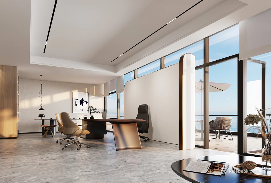 Modern Office Interior Design with Large Windows Desk Ergonomic Chairs and Good Lighting 3d model 