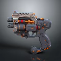 Sci Fi Pistol Design With Metallic Body Orange Accents And Mechanical Details
