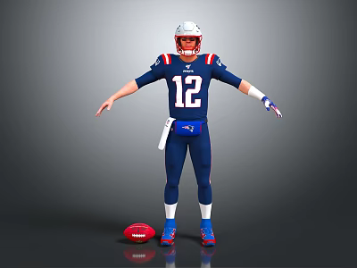 Man Wearing Dark Blue American Football Uniform Number 12 with Helmet and Football 3d model