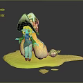 Green Hat Character With Yellow Long Hair And Small Yellow Creature On Yellow Platform