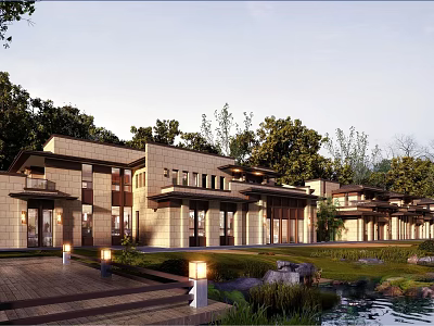 Elegant Townhouse Exterior Design With Garden Courtyard Water Pond And Trees 3d model