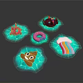 Colorful Toy Weapons With Spiral Donut Shape And Rainbow Design On Green Base