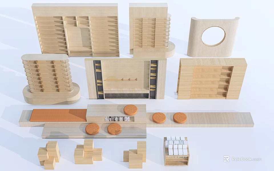 Wooden Bookcase Modular Designs With Multiple Shelf Units And Geometric Shapes 3d model