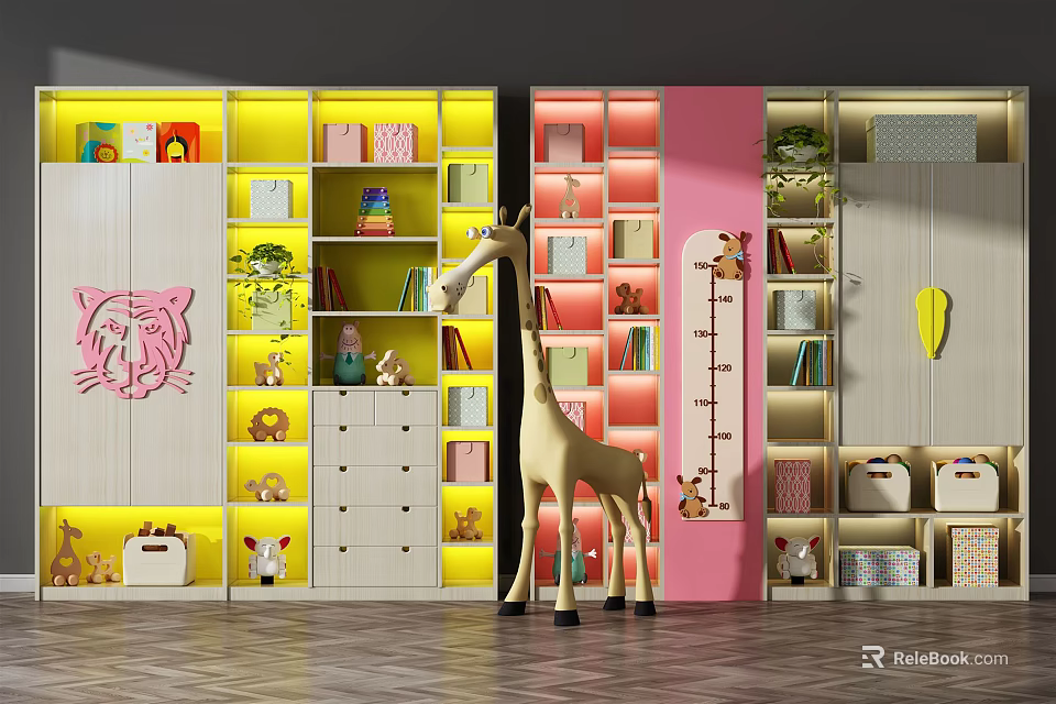 Colorful Kids Bookcase with Yellow Pink Shelves Tiger Design Giraffe Toy and Stuffed Animals 3d model 