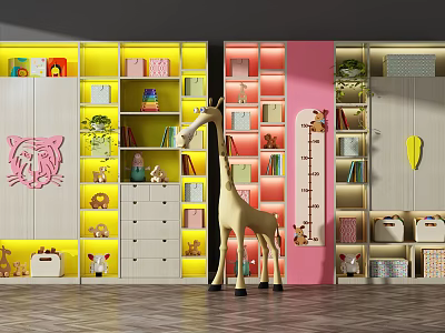 Colorful Kids Bookcase with Yellow Pink Shelves Tiger Design Giraffe Toy and Stuffed Animals 3d model
