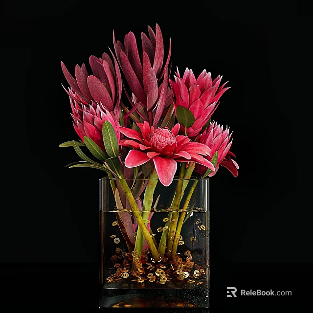 Decorative Ornament Set with Transparent Glass Vase Pink Magenta Flowers Green Leaves Pebbles Black Background 3d model 