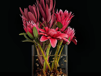Decorative Ornament Set with Transparent Glass Vase Pink Magenta Flowers Green Leaves Pebbles Black Background 3d model