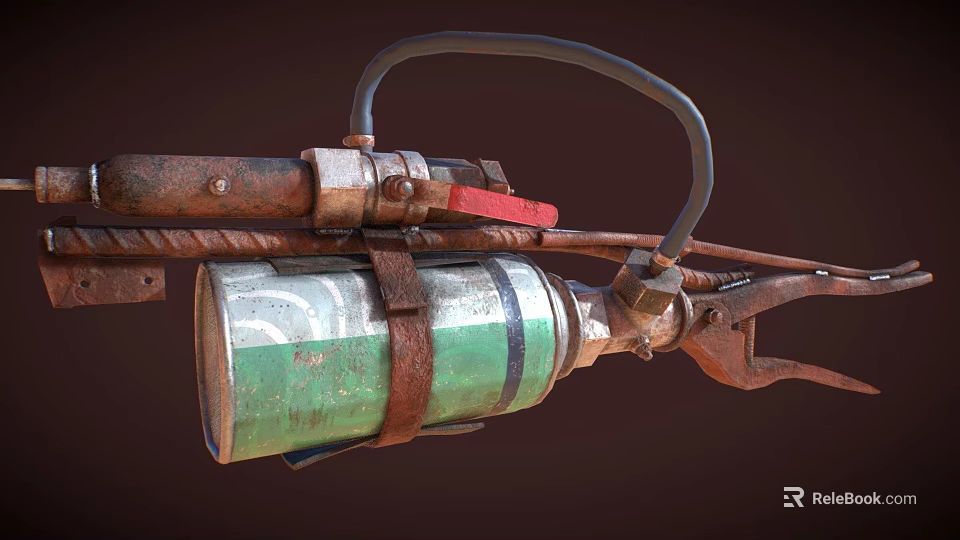 Homemade Rusty Weapon Featuring Green Canister Black Hose and Red Metal Parts 3d model 