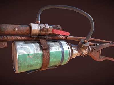Homemade Rusty Weapon Featuring Green Canister Black Hose and Red Metal Parts 3d model