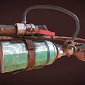 Homemade Rusty Weapon Featuring Green Canister Black Hose and Red Metal Parts