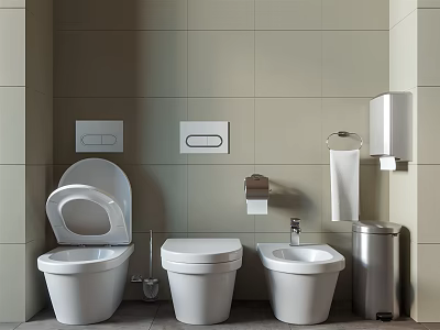 White Toilets in Modern Bathroom with Gray Tiled Walls Toilet Paper Holder and Trash Can 3d model