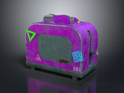 Purple Electronic Appliance with Green Triangle Blue QR Code Label Ventilation Grille and Base 3d model