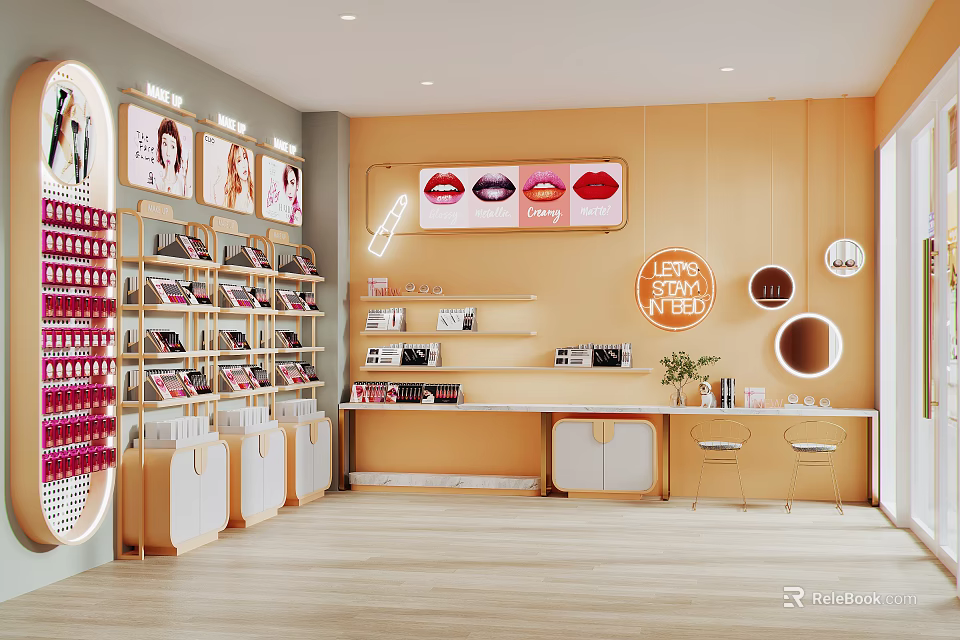 Stylish Cosmetics Store Interior With Lipstick Displays Shelves And Decorative Lighting Fixtures 3d model 