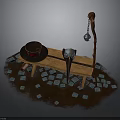 Vintage Wooden Bench Setup With Hat Boots Bell Pole And Blue Blocks
