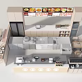 Modern Restaurant Interior With Menu Display Dining Tables And Kitchen Counter 3d model