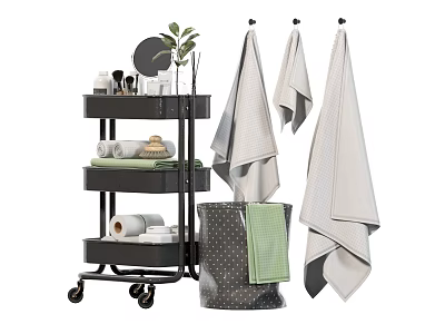 Bathroom Accessories with Rolling Cart Towels Storage Basket Toiletries and Green Plant 3d model
