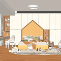 Modern Kids Room Interior With Geometric Headboard Cozy Bedding Study Desk White Chair And Shelves