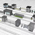 Multiple Modern Security Booth Structures With Fencing Barriers And Entrance Gates