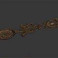 Copper Spoon With Intricate Carved Design And Decorative Figures In Artistic Antique Style