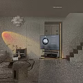 Modern Living Dining Room Interior With Beige Sofa Geometric Rug Dining Table And Artwork