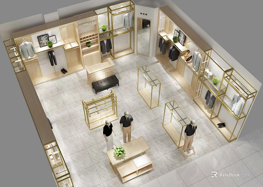 Clothing Store Interior Layout with Display Racks Mannequins Apparel and Green Plants 3d model 