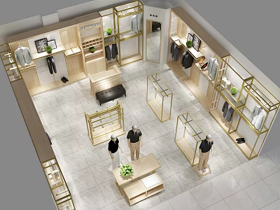 Clothing Store Interior Layout with Display Racks Mannequins Apparel and Green Plants 3d model