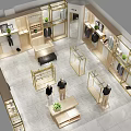 Clothing Store Interior Layout with Display Racks Mannequins Apparel and Green Plants