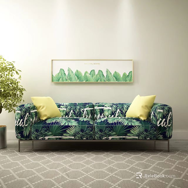 Double Sofa With Tropical Leaf Pattern White Text And Yellow Cushions Near Wall Art 3d model