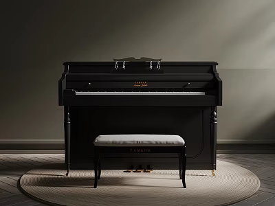 Elegant Black Piano With Matching Bench On Circular Rug In Room 3d model