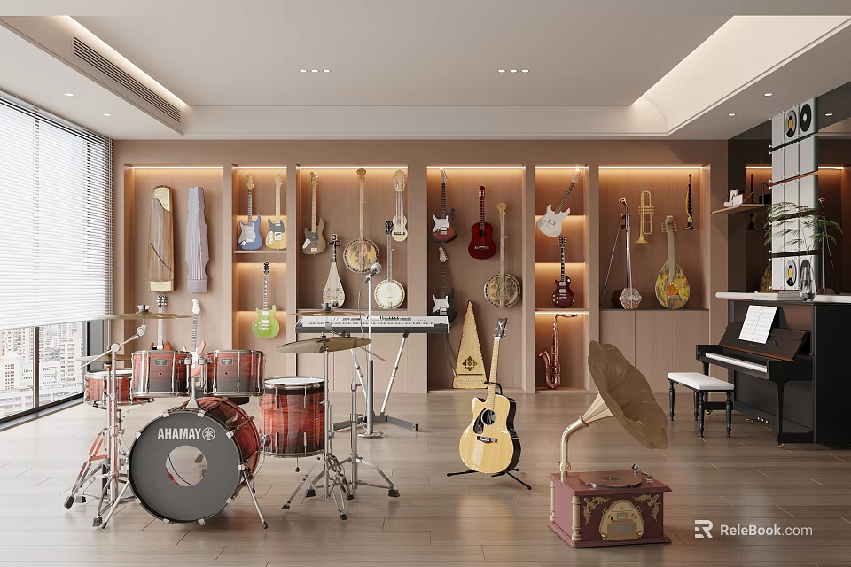 Musical Instruments And Art Supplies In Modern Interior With Guitars Drums Art Tools And Shelves 3d model 