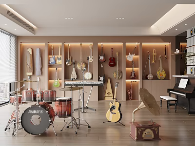 Musical Instruments And Art Supplies In Modern Interior With Guitars Drums Art Tools And Shelves 3d model