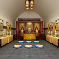 Traditional Chinese Buddhist Worship Hall Interior With Buddha Statues Altar Table Lanterns And Mats